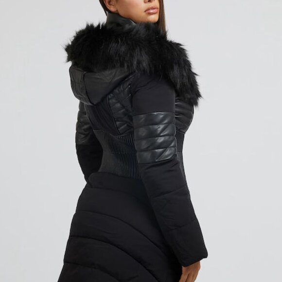 NWT Guess Women's Long Puffer Jacket for Winter with Hood Black - Picture 4 of 9